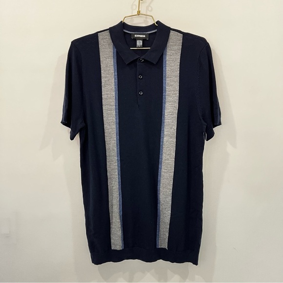 Express Wool Men's Navy/Gray Polo Sweater Short Sleeve Size Medium - Picture 1 of 6